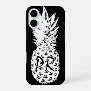 Coque iPhone 16 Dessin d'ananas noir et blanc monogramme personnal