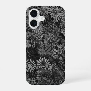 Coque iPhone 16 dessin floral noir et gris