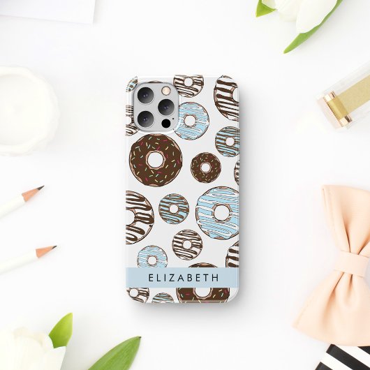 Coque iPhone 16 Donuts Bleus, Donuts Marrons, Paillettes, Votre No