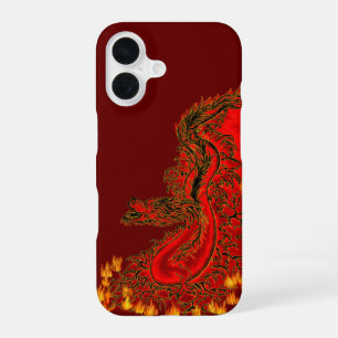 Coque iPhone 16 Dragon chinois dessin rouge et or