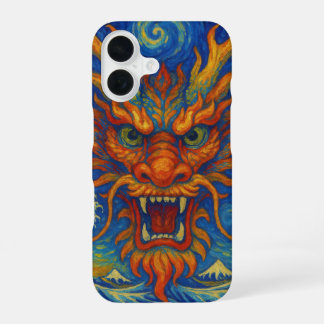 Coque iPhone 16 Dragon rouge oriental nuit étoile Kanagawa vagues