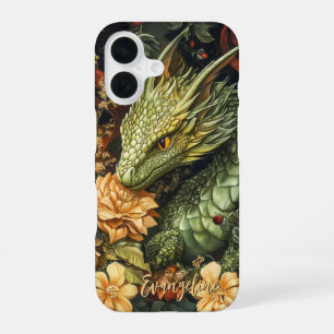 Coque iPhone 16 Dragon Vert Enchanté avec Élégant Arrangement Flor