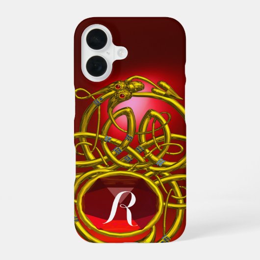Coque iPhone 16 DRAGONS HYPER, COGNONS CELTIQUES D'OR Monogramme d (Verso)