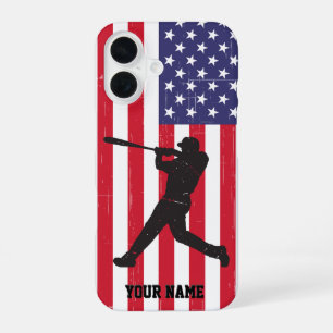 Coque iPhone 16 Drapeau américain vintage tendance Baseball Person