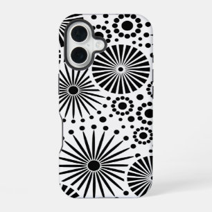Coque iPhone 16 Éclatement d'étoiles géométriques noir et blanc mo