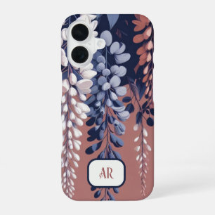 Coque iPhone 16 Élégance Monogram Navy Rose Wisteria