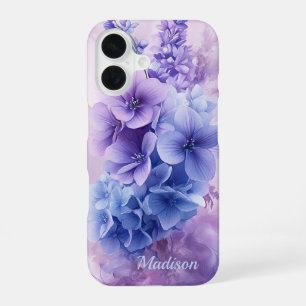 Coque iPhone 16 Élégant Étui Fleurs Bleues et Violettes pour iPhon