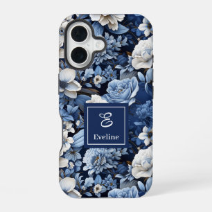 Coque iPhone 16 Élégant Étui iPhone Luxe Fleurs Ivoire Bleu Marine