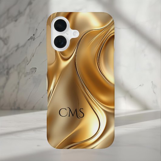 Coque iPhone 16 Elegant Liquid Gold Abstract Black Monogrammed