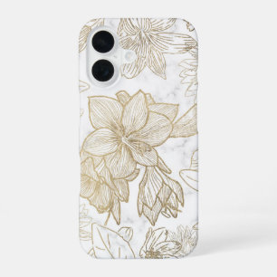 Coque iPhone 16 Élégant moderne floral marbre blanc gris or