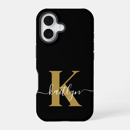 Coque iPhone 16 Élégant Monogramme Black Gold Script (Verso)