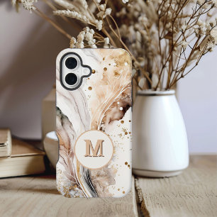 Coque iPhone 16 Élégant Monogramme Marbre Brun Or Design Abstrait