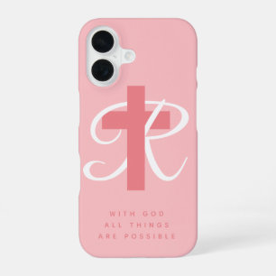 Coque iPhone 16 Elégant nom de croix religieuse monogramme corail