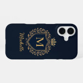 Coque iPhone 16 Élégant script Monogramme Luxe Noir Or (Verso Horizontal)
