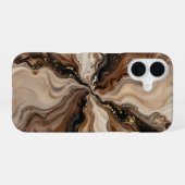 Coque iPhone 16 Élégante Abstraction Fluide Marron et Or (Verso Horizontal)