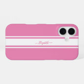 Coque iPhone 16 Élégantes Rayures de Course Rose Blanc Monogramme (Verso Horizontal)