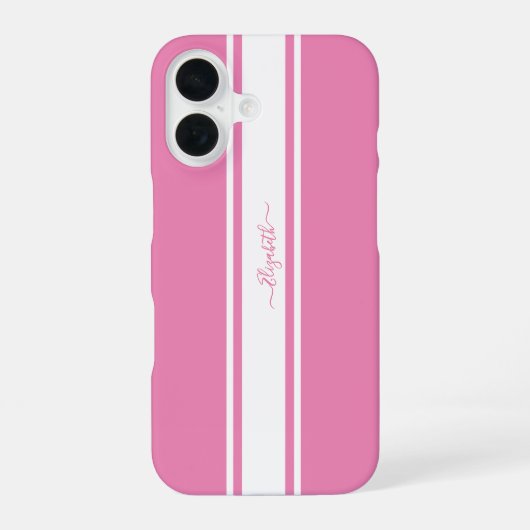 Coque iPhone 16 Élégantes Rayures de Course Rose Blanc Monogramme (Verso)