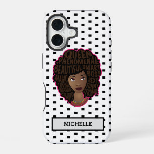 Coque iPhone 16 Encourageant les femmes noires, pois noirs et blan
