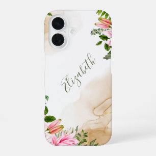 Coque iPhone 16 Encre alcoolique florale rose vert or Monogram