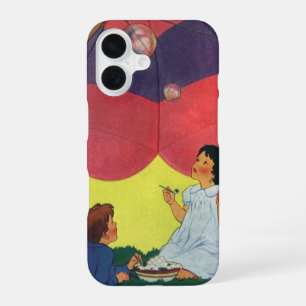 Coque iPhone 16 Enfants vintage soufflant des bulles sous un parap