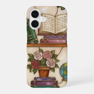 Coque iPhone 16 Étagère de livres de style vitrail pour amoureux d