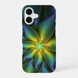 Coque iPhone 16 Étoile abstraite, art fractal doré bleu vert brill