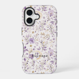 Coque iPhone 16 Étoiles Dorées Lune Fleurs Violettes