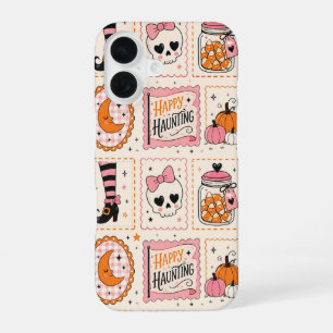 Coque iPhone 16 Étui à timbres crâne rose Happy Haunting