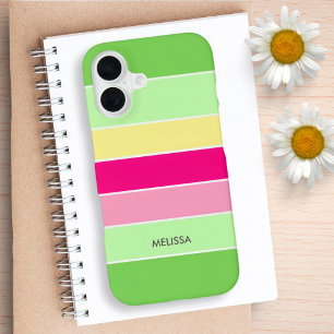 Coque iPhone 16 Étui de téléphone à monogramme avec rayures vertes