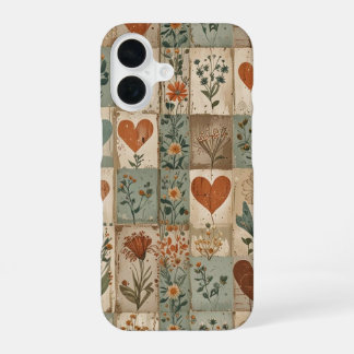 Coque iPhone 16 Étui de téléphone à motif patchwork vintage Heart
