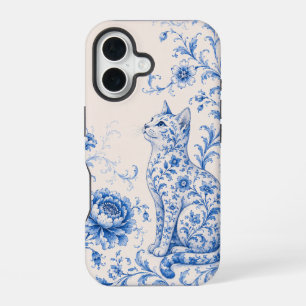 Coque iPhone 16 Étui de téléphone Fleur de Chat en Porcelaine Bleu