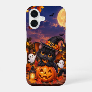 Coque iPhone 16 Étui de téléphone Halloween Chat Noir Citrouille