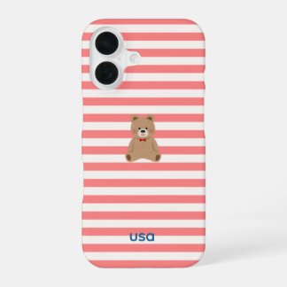 Coque iPhone 16 Étui de téléphone Ours en peluche rayé rouge USA