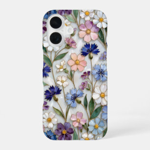 Coque iPhone 16 Étui floral pour iPhone bleu blanc fleurs sauvages