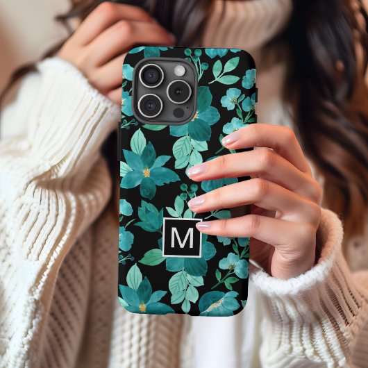 Coque iPhone 16 Étui iPhone à motif de fleur bleu Monogramme