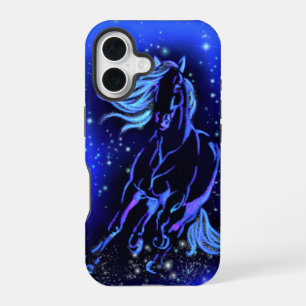 Coque iPhone 16 Étui iPhone Cheval courant au clair de lune bleu