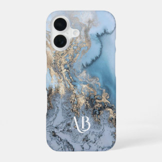 Coque iPhone 16 Étui iPhone en marbre bleu personnalisé avec monog