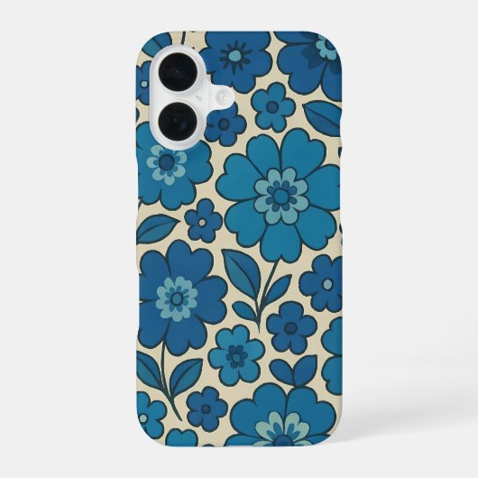 Coque iPhone 16 Étui iPhone floral rétro bleu slim (Verso)