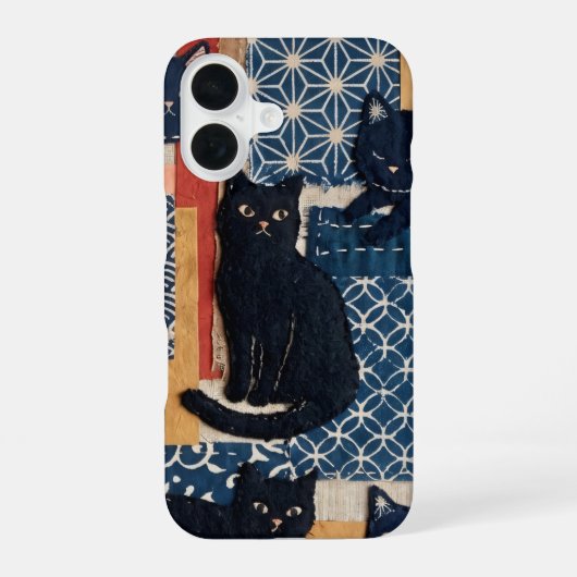 Coque iPhone 16 Étui iPhone Patchwork Chats Noirs Japonais Mignons (Verso)