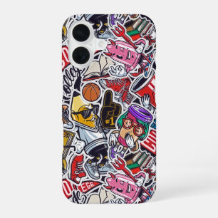 Coque iPhone 16 Étui iPhone Sticker Bomb Cartoon Collège Vintage