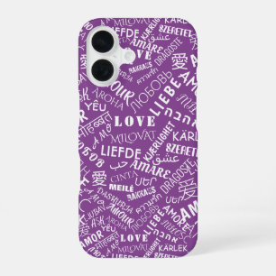 Coque iPhone 16 Étui iPhone violet texte d'amour multilingue