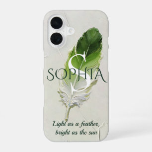 Coque iPhone 16 Étui personnalisé vert sauge plume initiale