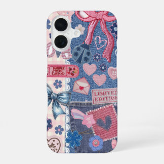 Coque iPhone 16 Étui Vintage Y2K Bleu Denim Collage Ruban Rose