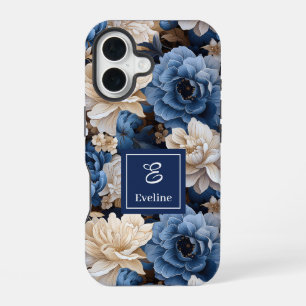 Coque iPhone 16 Étuis Téléphone Élégant Fleurs Ivoire et Bleu Luxe