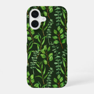 Coque iPhone 16 Eucalyptus sur fond vert foncé
