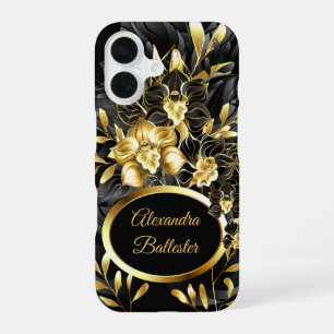 Coque iPhone 16 Exotique Élégant Floral Riche Or Noir