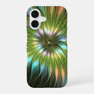 Coque iPhone 16 Fantaisie de fleurs fractales en couleurs lumineus