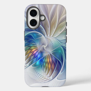 Coque iPhone 16 Fantaisie florale, fleur fractale abstraite coloré