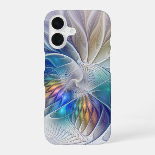 Coque iPhone 16 Fantaisie florale, fleur fractale abstraite coloré