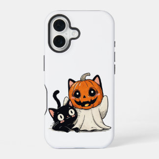 Coque iPhone 16 Fantôme et chat noir portant des masques d'Hallowe